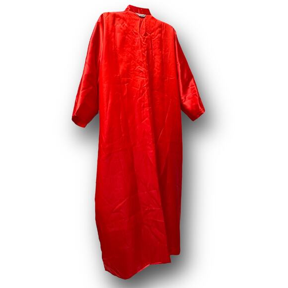 Vintage Red Satin Kimono Robe Embroidered Cranes Fans Floral Belted Long Gown - Picture 5 of 14